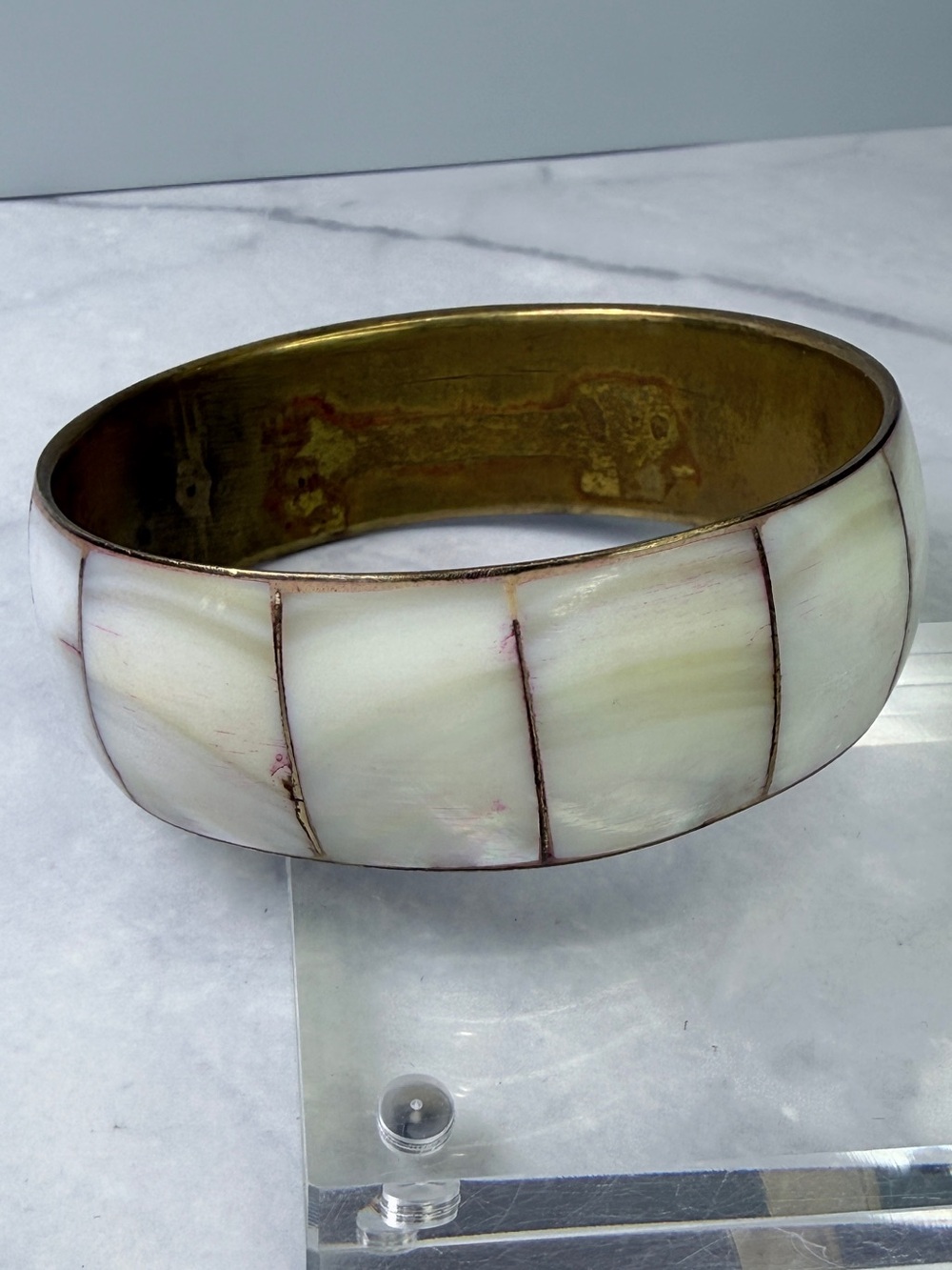 Vintage Brass & Inlaid Mother of Pearl Shell Panel Bangle Bracelet